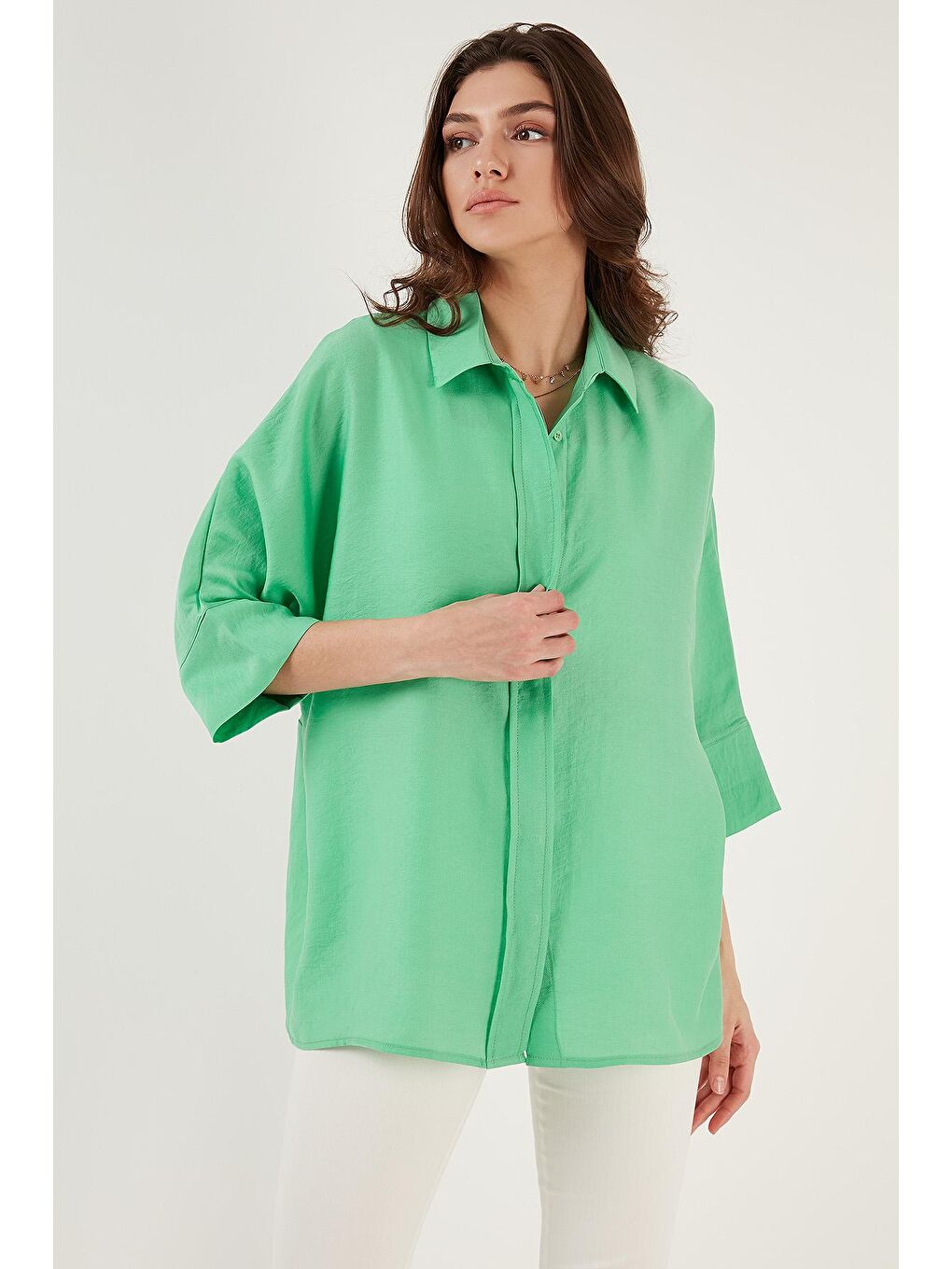 Yeşil Truvakar Kol Oversize Yazlık Gömlek 514344034-2
