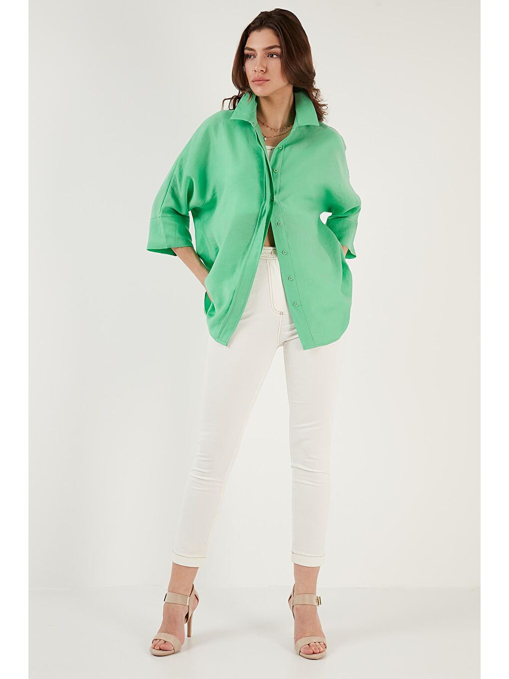 Yeşil Truvakar Kol Oversize Yazlık Gömlek 514344034-3