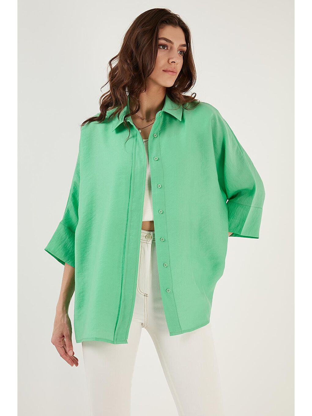 Yeşil Truvakar Kol Oversize Yazlık Gömlek 514344034-4