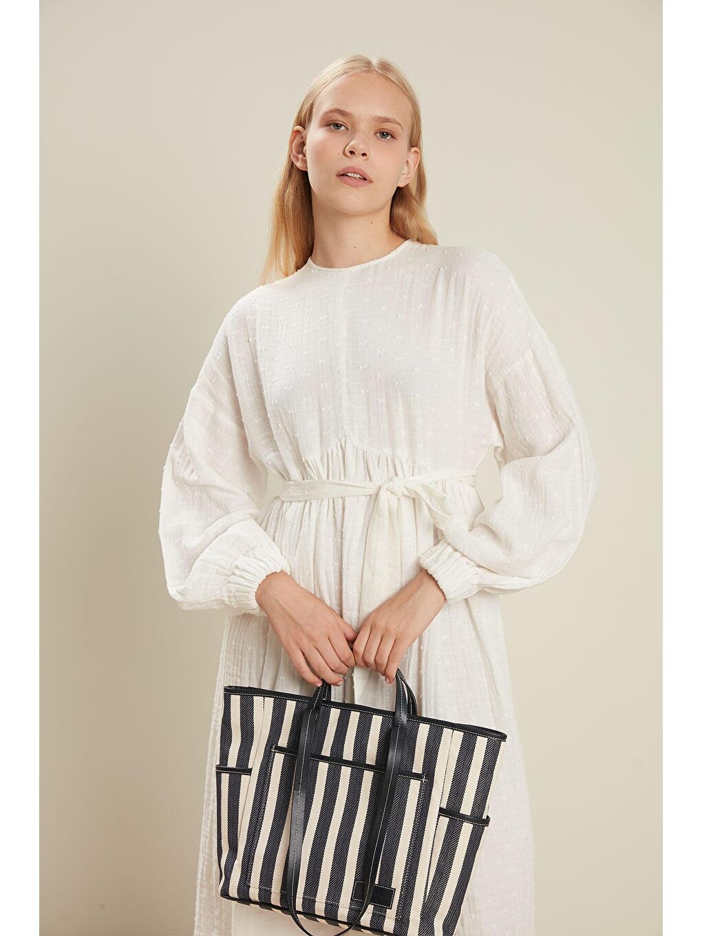 Çizgili Kanvas Tote Çanta Lacivert-1