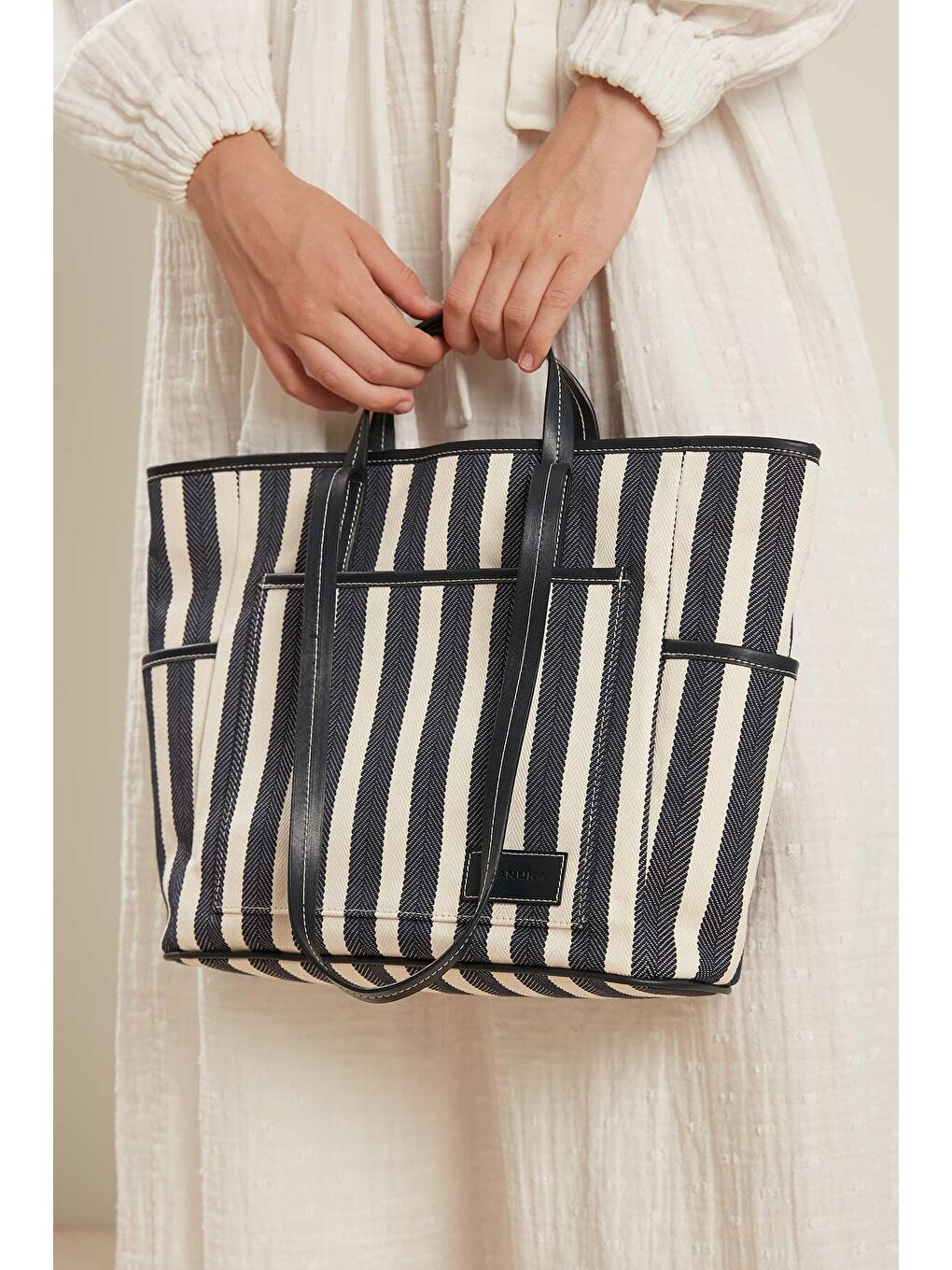 Çizgili Kanvas Tote Çanta Lacivert-2