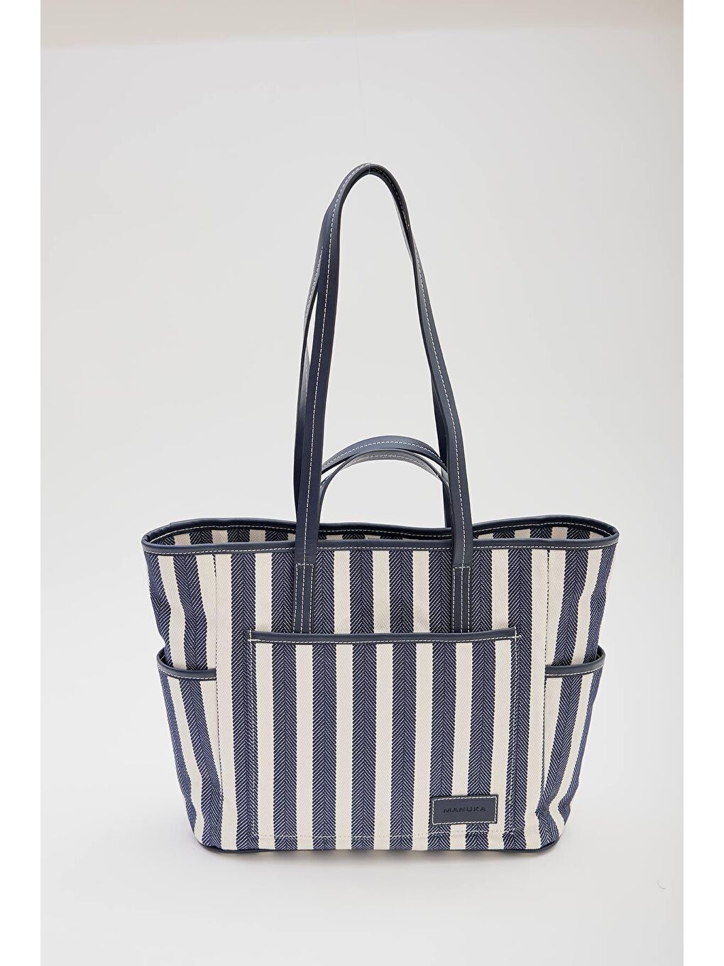 Çizgili Kanvas Tote Çanta Lacivert-3