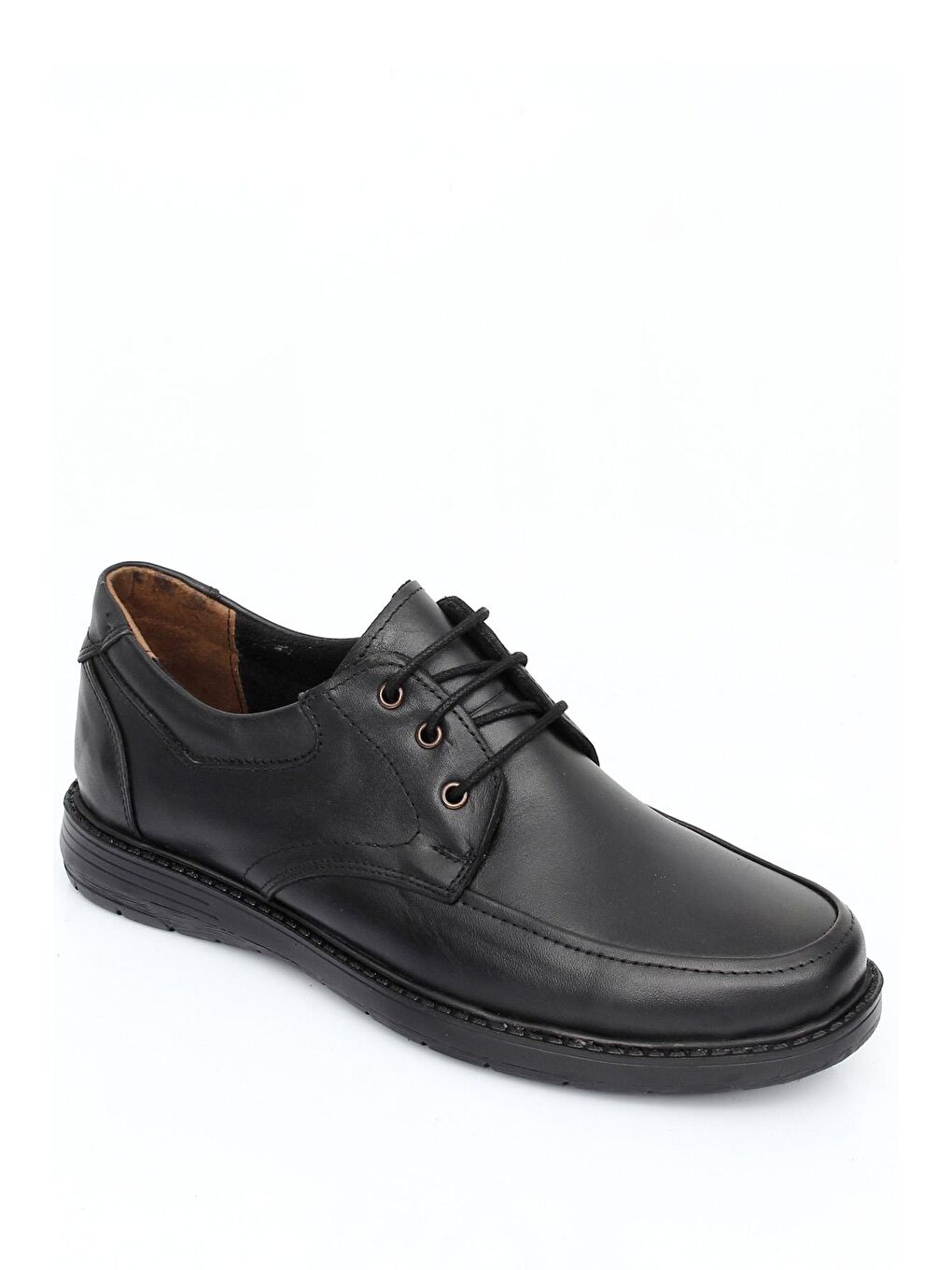 Siyah Hakiki Deri Yuvarlak Burun Kauçuk Taban Bağcıklı Günlük Erkek Ayakkabı 10089-4