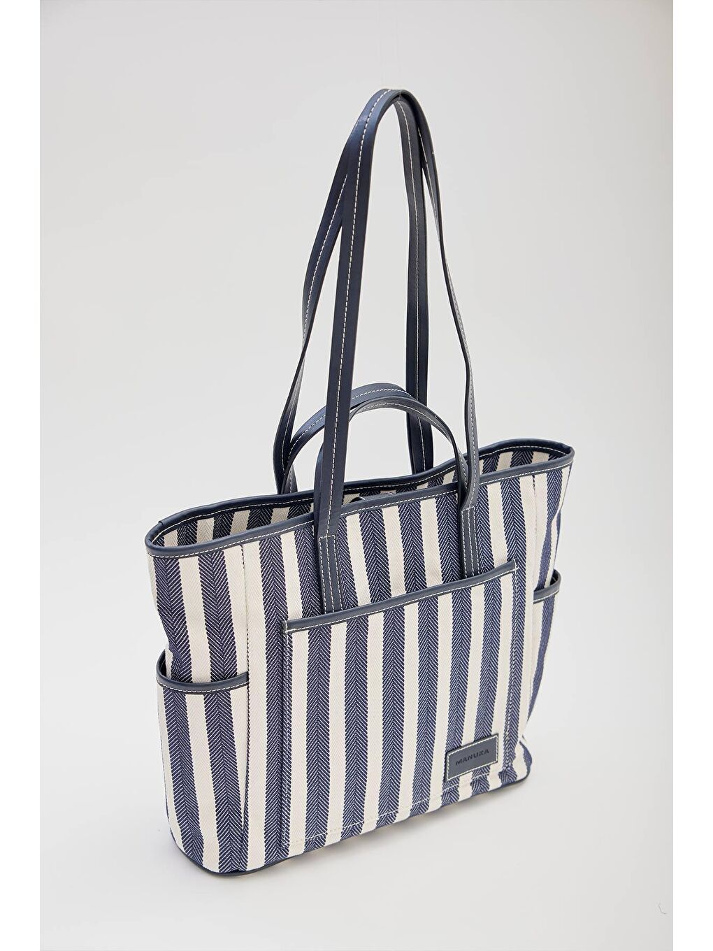 Çizgili Kanvas Tote Çanta Lacivert-4