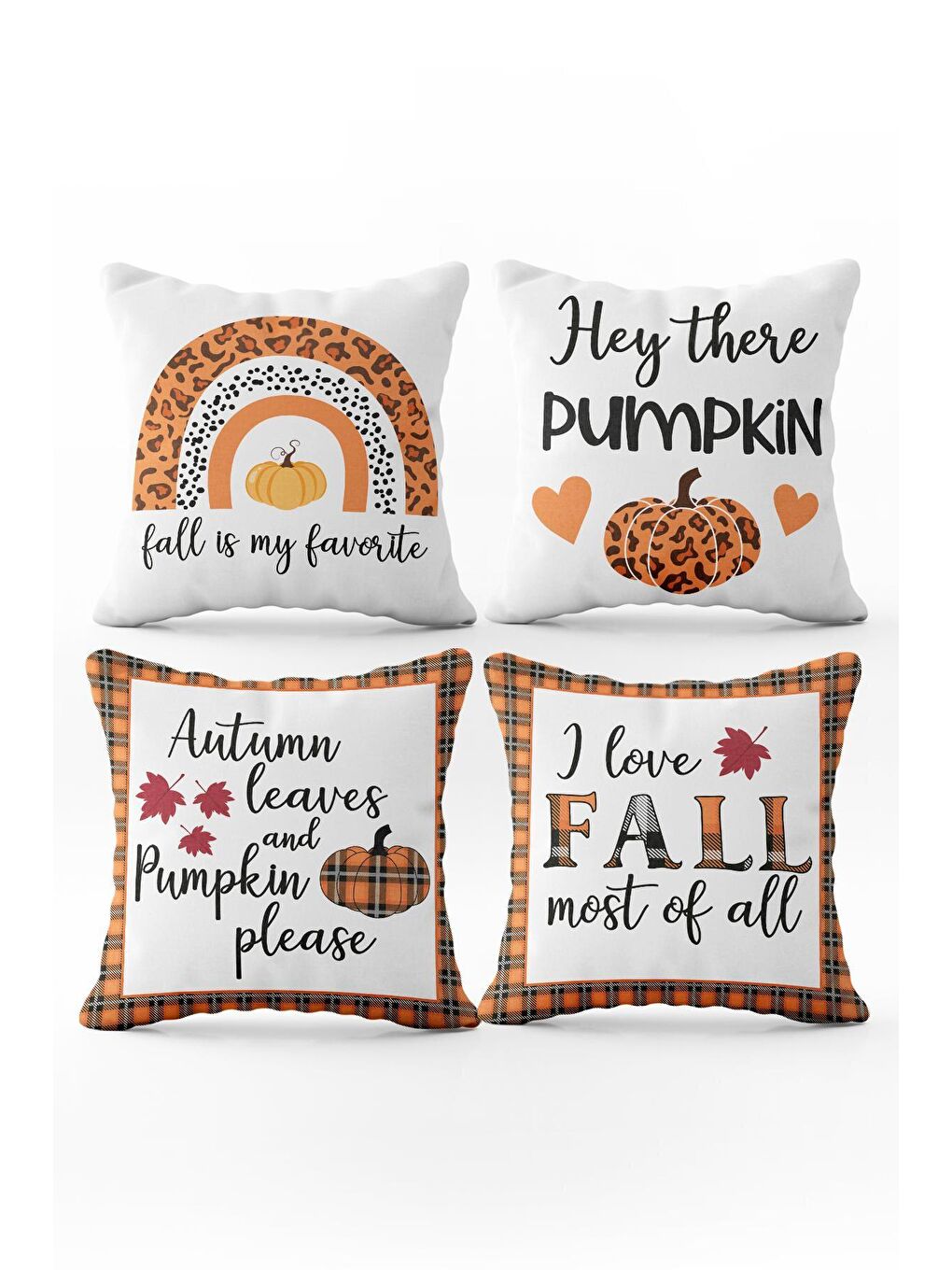 Karışık Kadife Doku Sonbahar Özel Kabak Desenli 4'lü Kırlent Seti-1