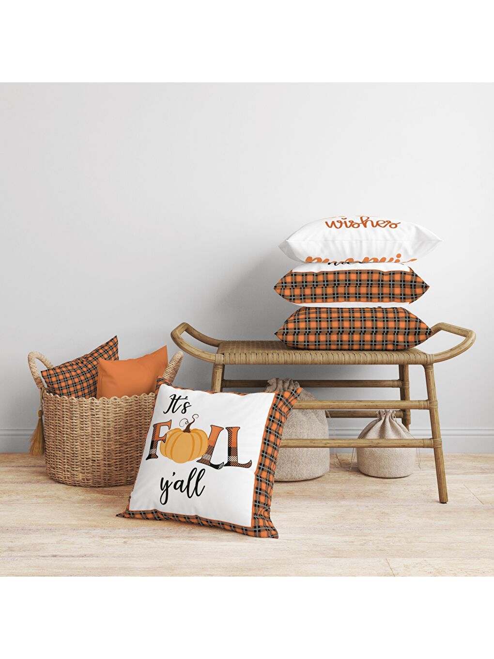 Karışık Kadife Doku Sonbahar Özel Kabak Desenli 4'lü Kırlent Seti