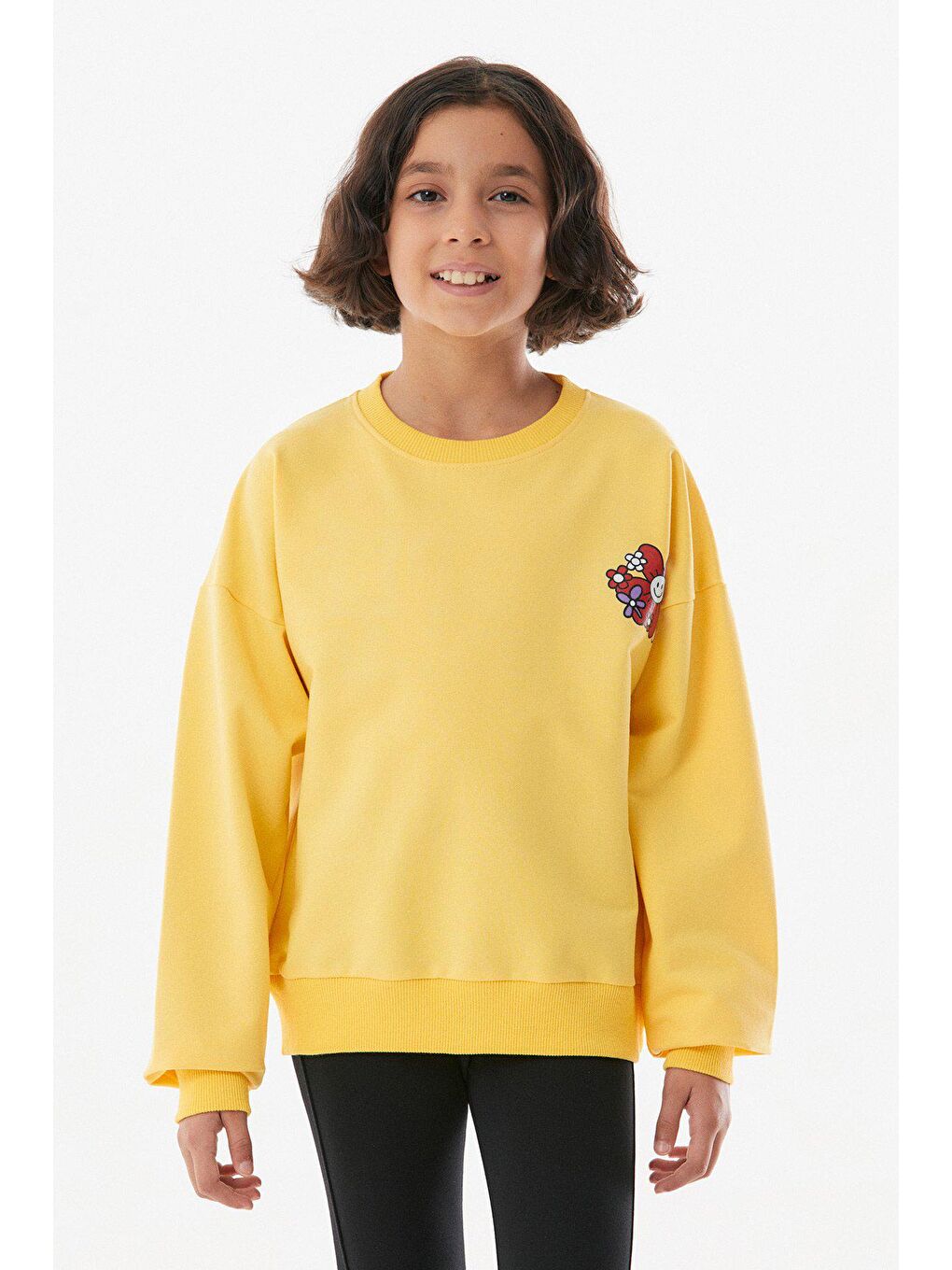 Sarı Baskılı Bisiklet Yaka Kız Çocuk Sweatshirt