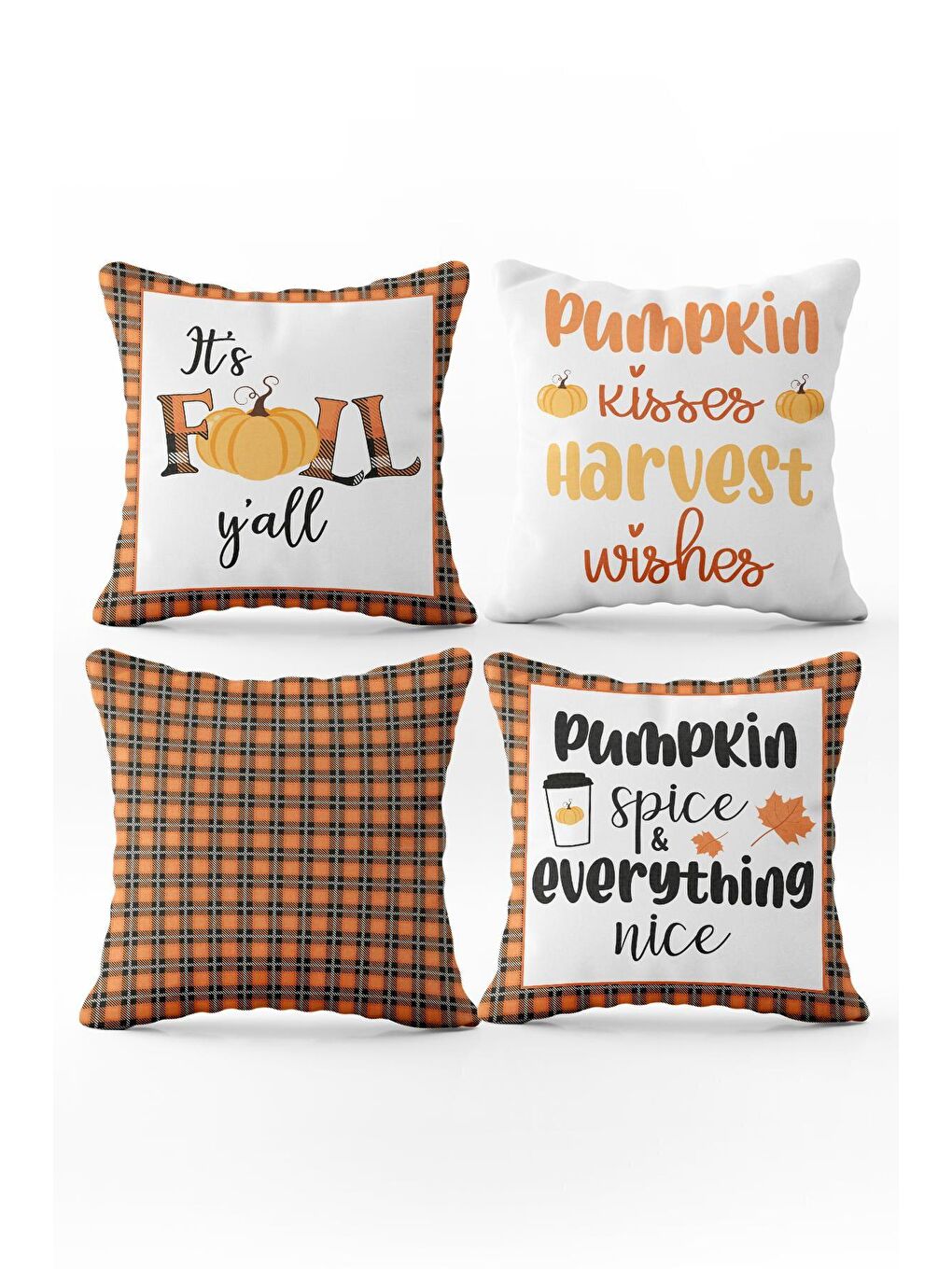 Karışık Kadife Doku Sonbahar Özel Kabak Desenli 4'lü Kırlent Seti-1