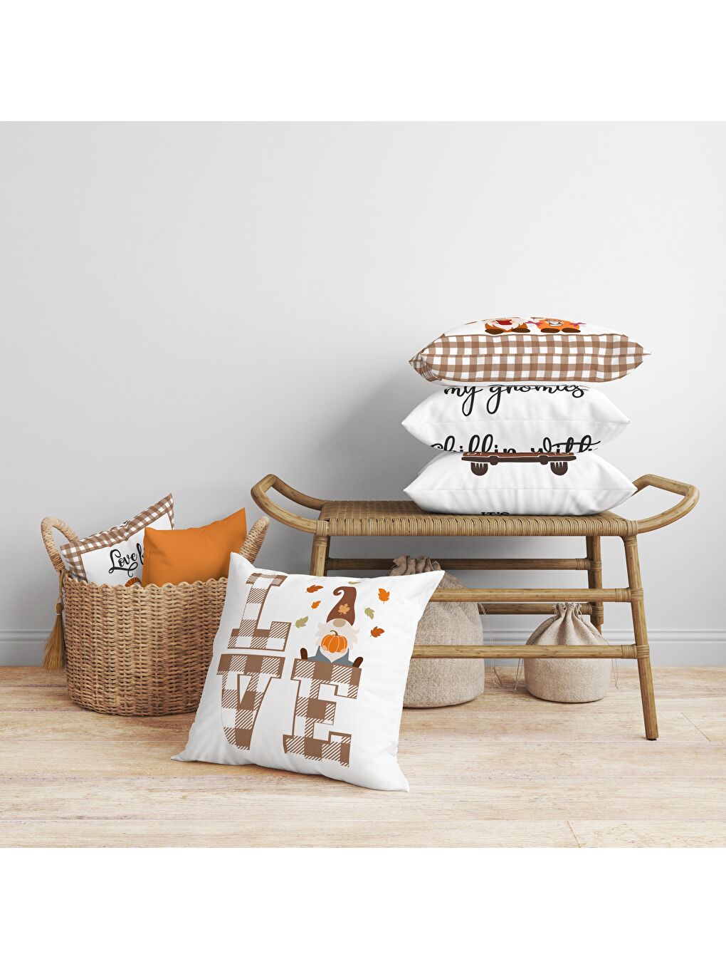 Karışık Kadife Doku Sonbahar Özel Kabak Desenli 4'lü Kırlent Seti