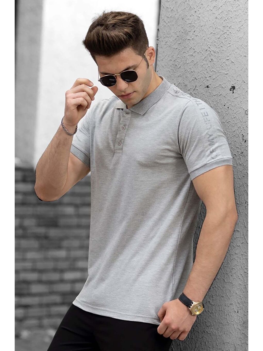 Omuz Baskılı Gri Erkek Polo Tişört 4585