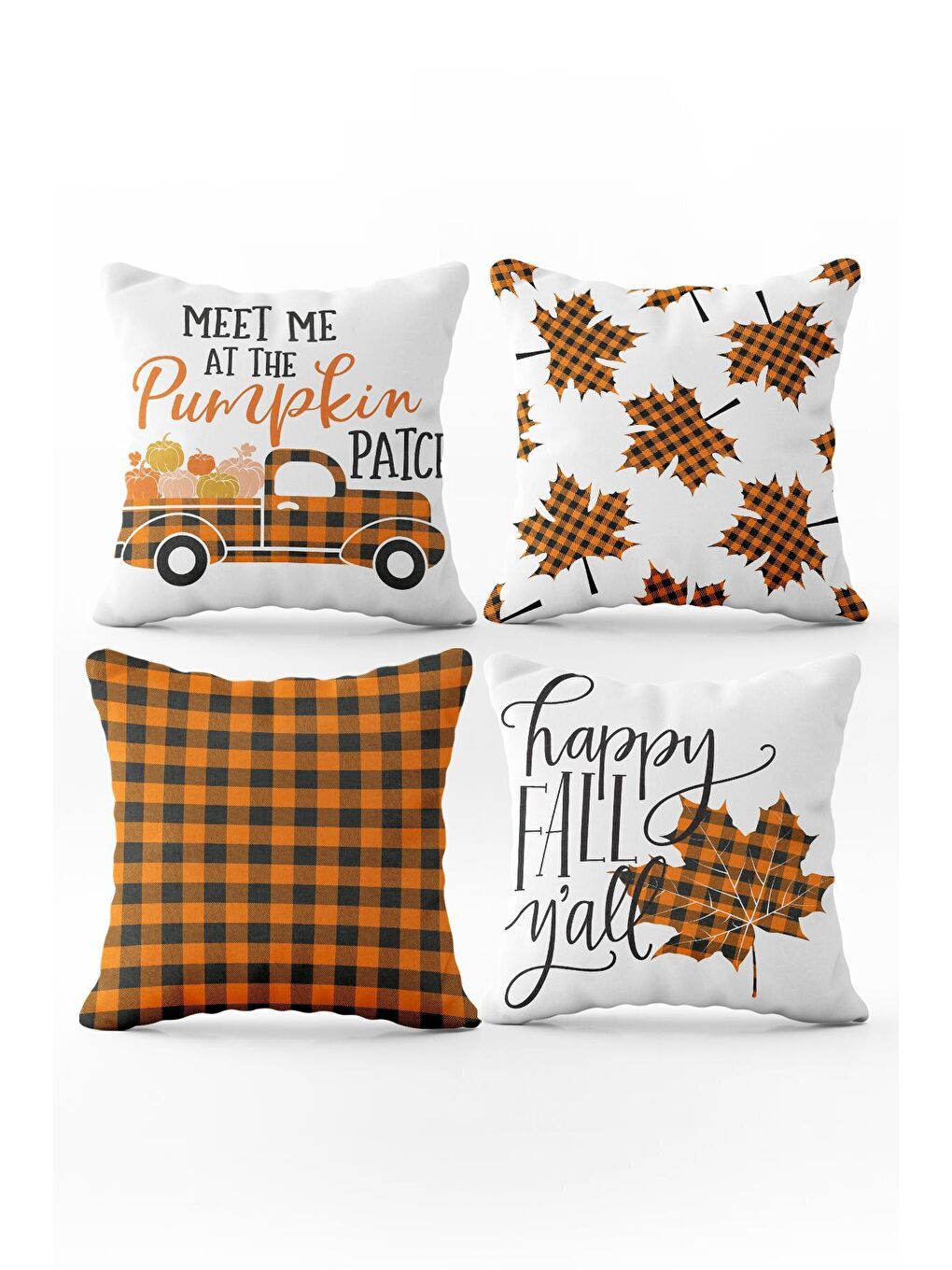 Karışık Kadife Doku Sonbahar Özel Kabak Desenli 4'lü Kırlent Seti-1