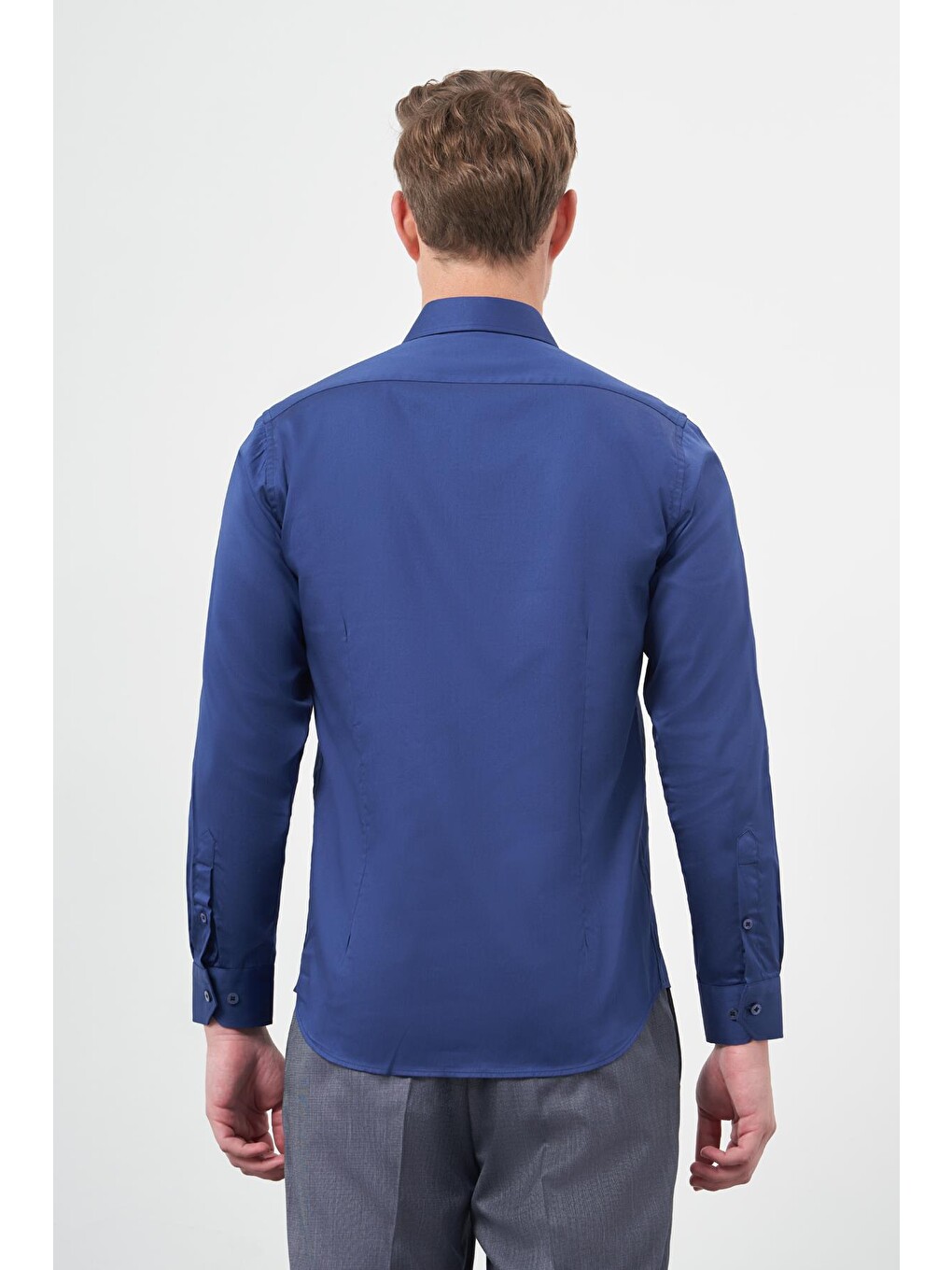 Lacivert Uzun Kol Düz Bez Ayağı 032 Sert Yaka Classic Slim Fit %100 Pamuk Gömlek 1004245324-3