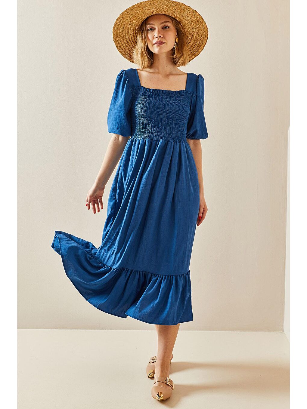 İndigo Kare Yaka Gipe Detaylı Elbise 3YXK6-47313-27