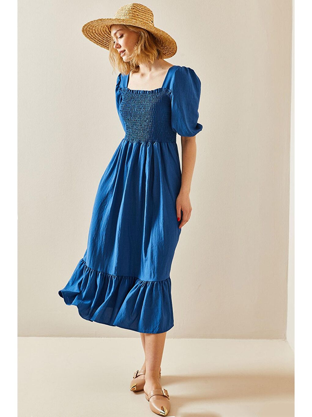 İndigo Kare Yaka Gipe Detaylı Elbise 3YXK6-47313-27-1