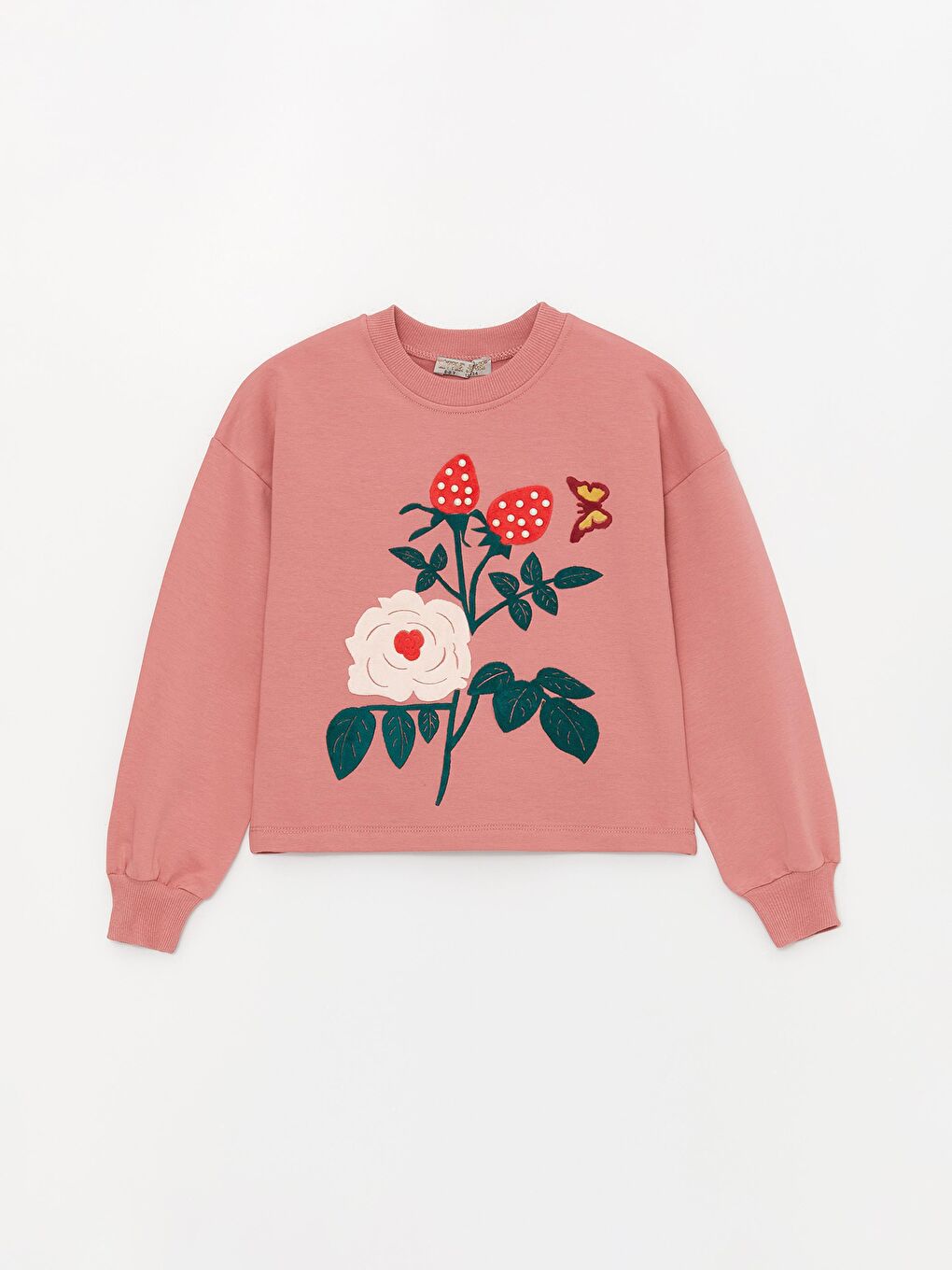 Pembe Kız Çocuk Gül İşlemeli SweatShirt