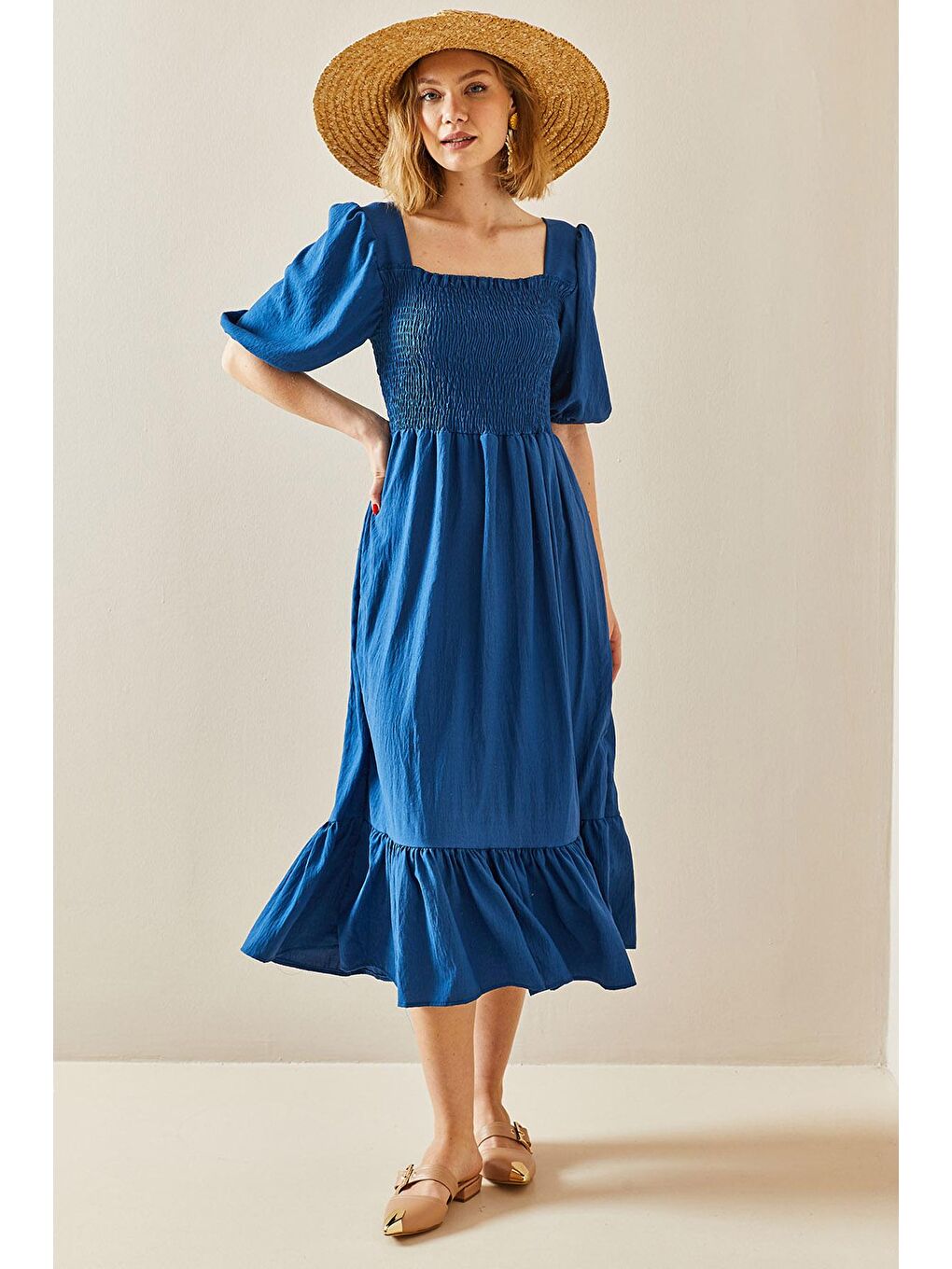 İndigo Kare Yaka Gipe Detaylı Elbise 3YXK6-47313-27-2