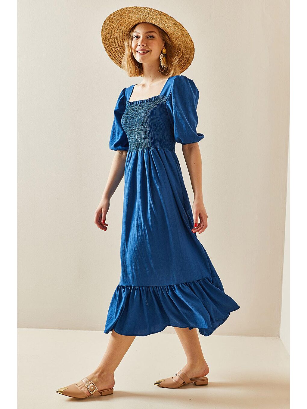 İndigo Kare Yaka Gipe Detaylı Elbise 3YXK6-47313-27-3