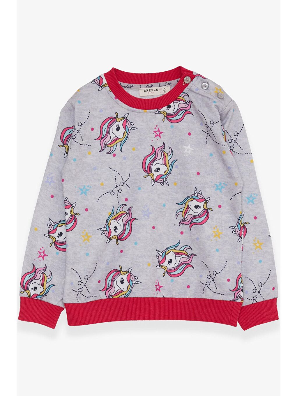 Breeze Gri-Bej Kız Çocuk Sweatshirt Unicorn Desenli Açık Gri Melanj (1.5-2 Yaş)