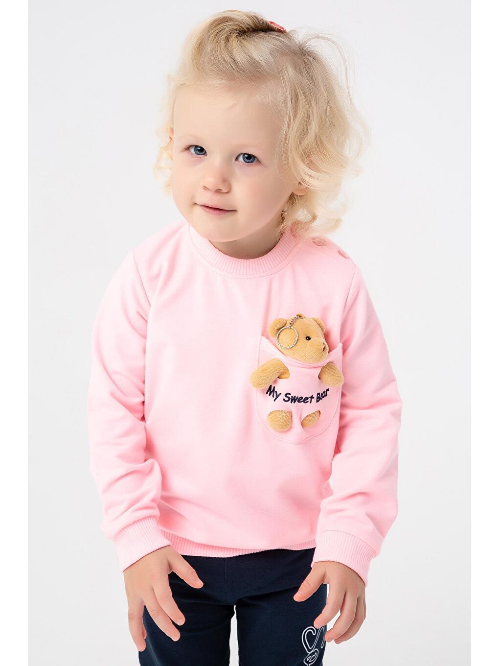 Breeze Pudra Pembe Kız Bebek Sweatshirt Ayıcık Aksesuarlı Pudra (1.5-3 Yaş)