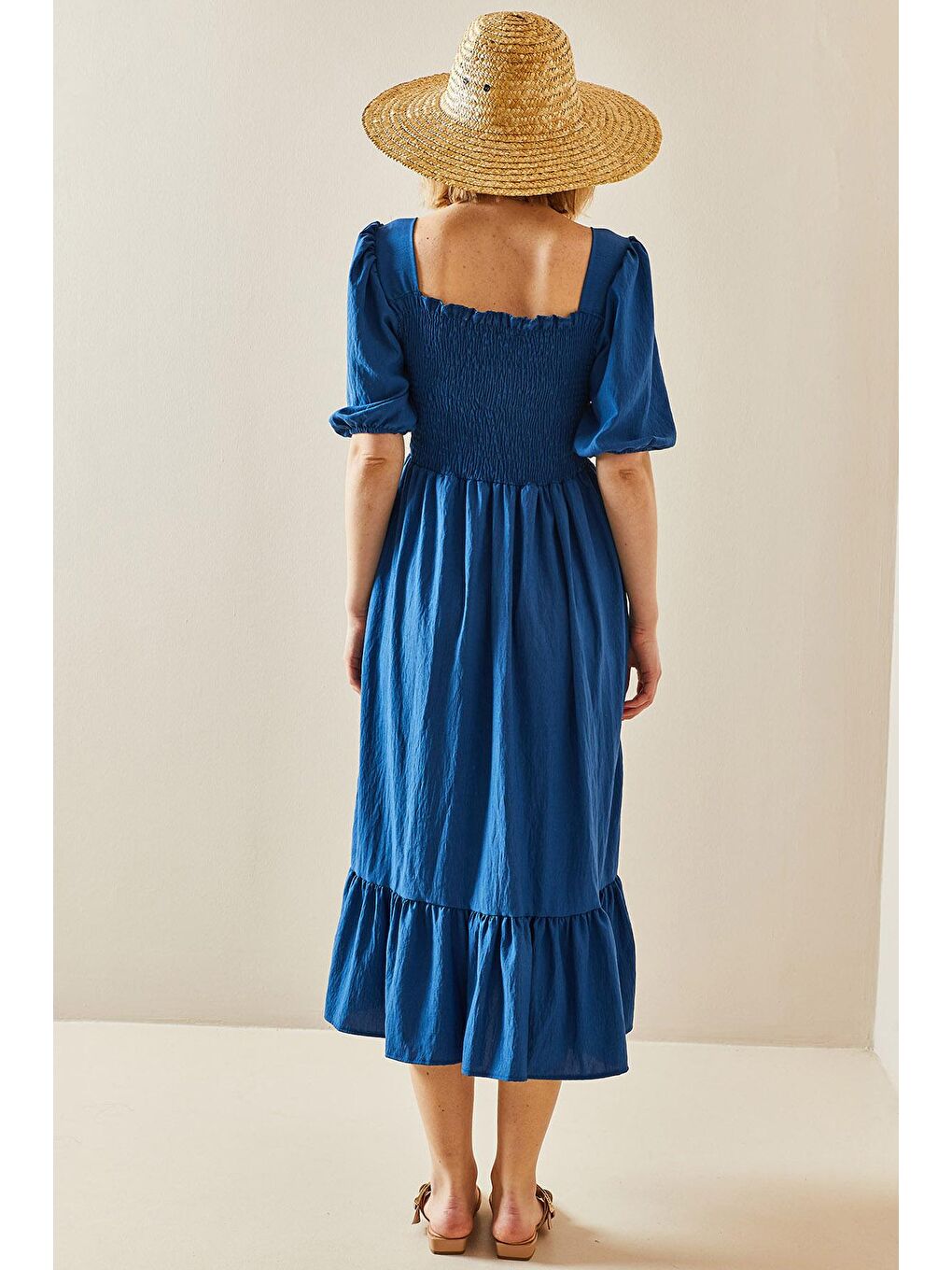 İndigo Kare Yaka Gipe Detaylı Elbise 3YXK6-47313-27-4