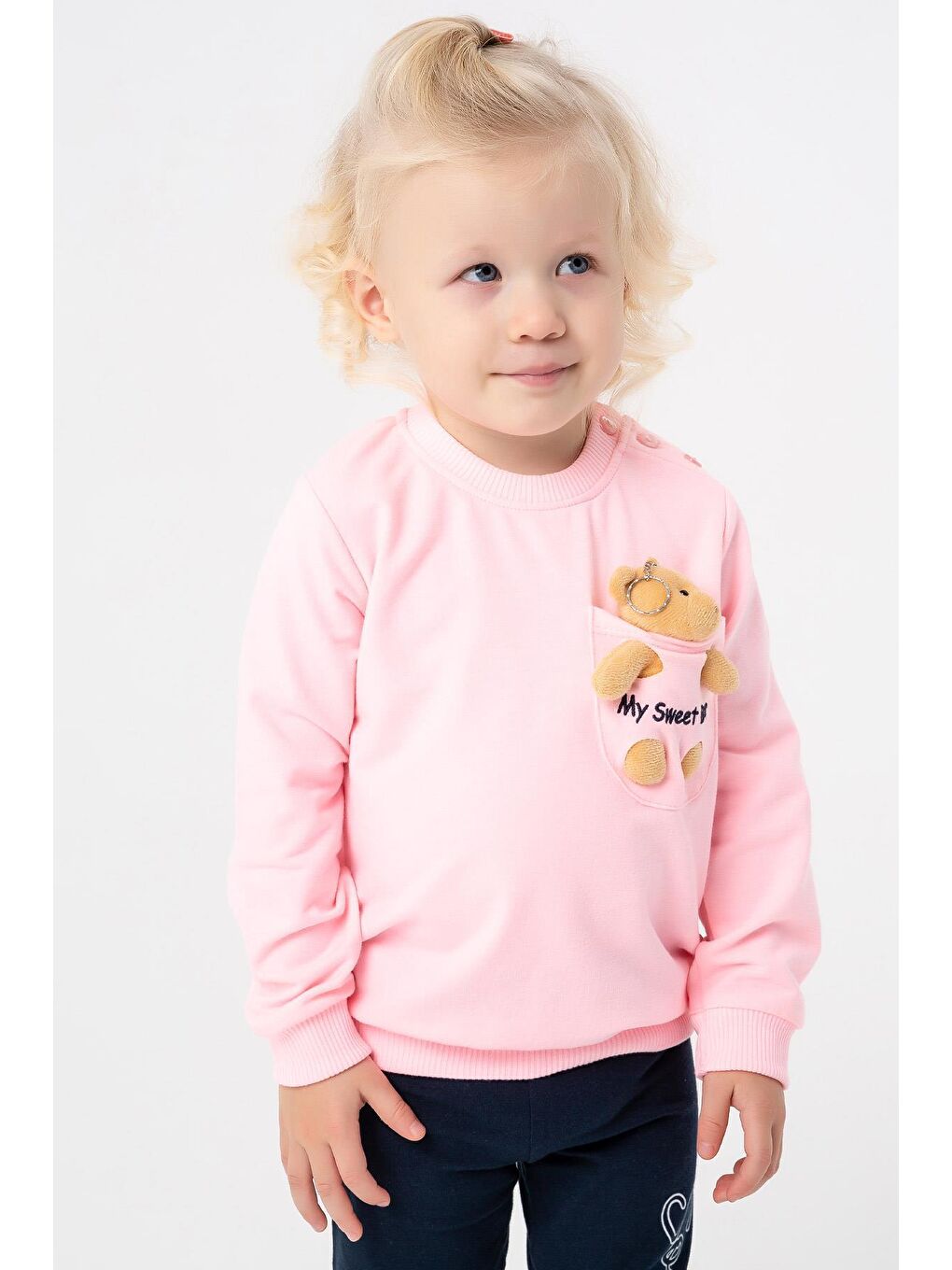 Breeze Pudra Pembe Kız Bebek Sweatshirt Ayıcık Aksesuarlı Pudra (1.5-3 Yaş) - 2