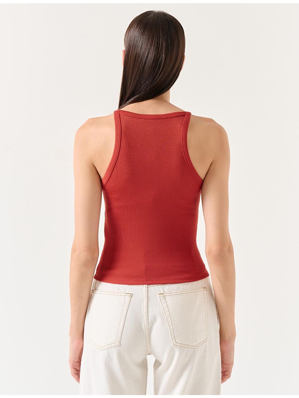 Kahverengi Tarçın Dar Kesim Kolsuz Halter Yaka Basic Örme Atlet-3