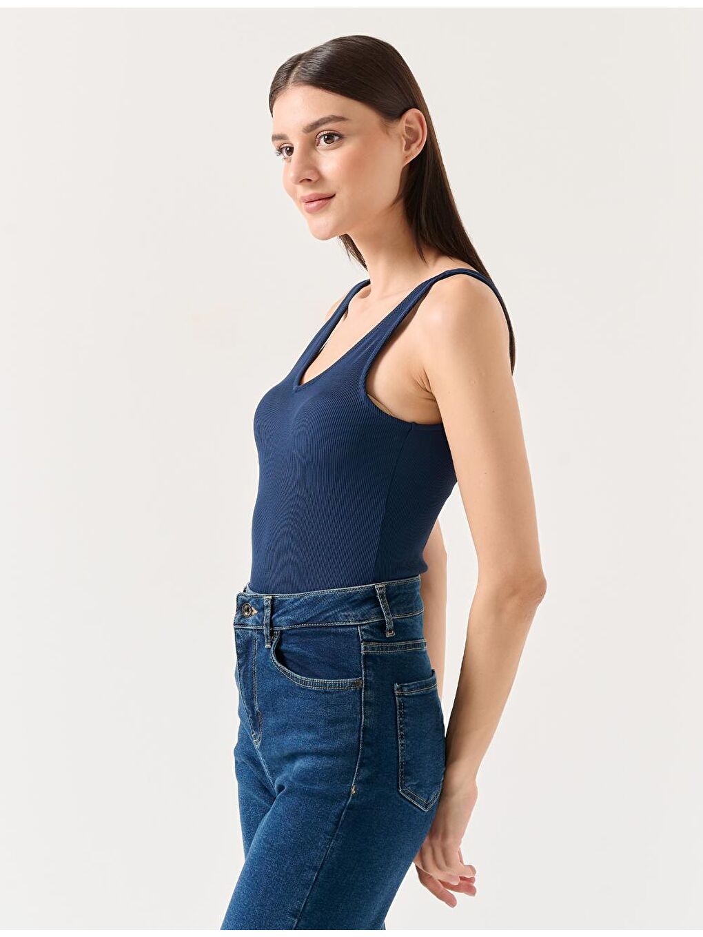 Lacivert Dar Kesim V Yaka Kolsuz Örme Atlet-1