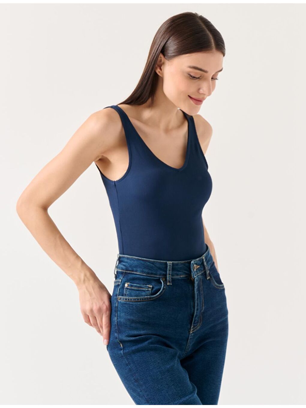 Lacivert Dar Kesim V Yaka Kolsuz Örme Atlet-2