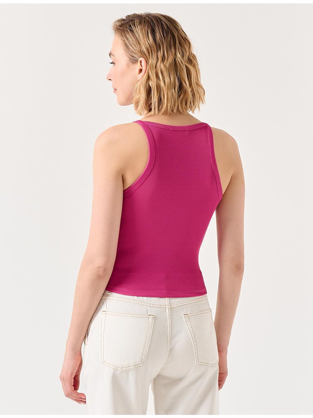 Fuşya Dar Kesim Kolsuz Halter Yaka Basic Örme Atlet-3