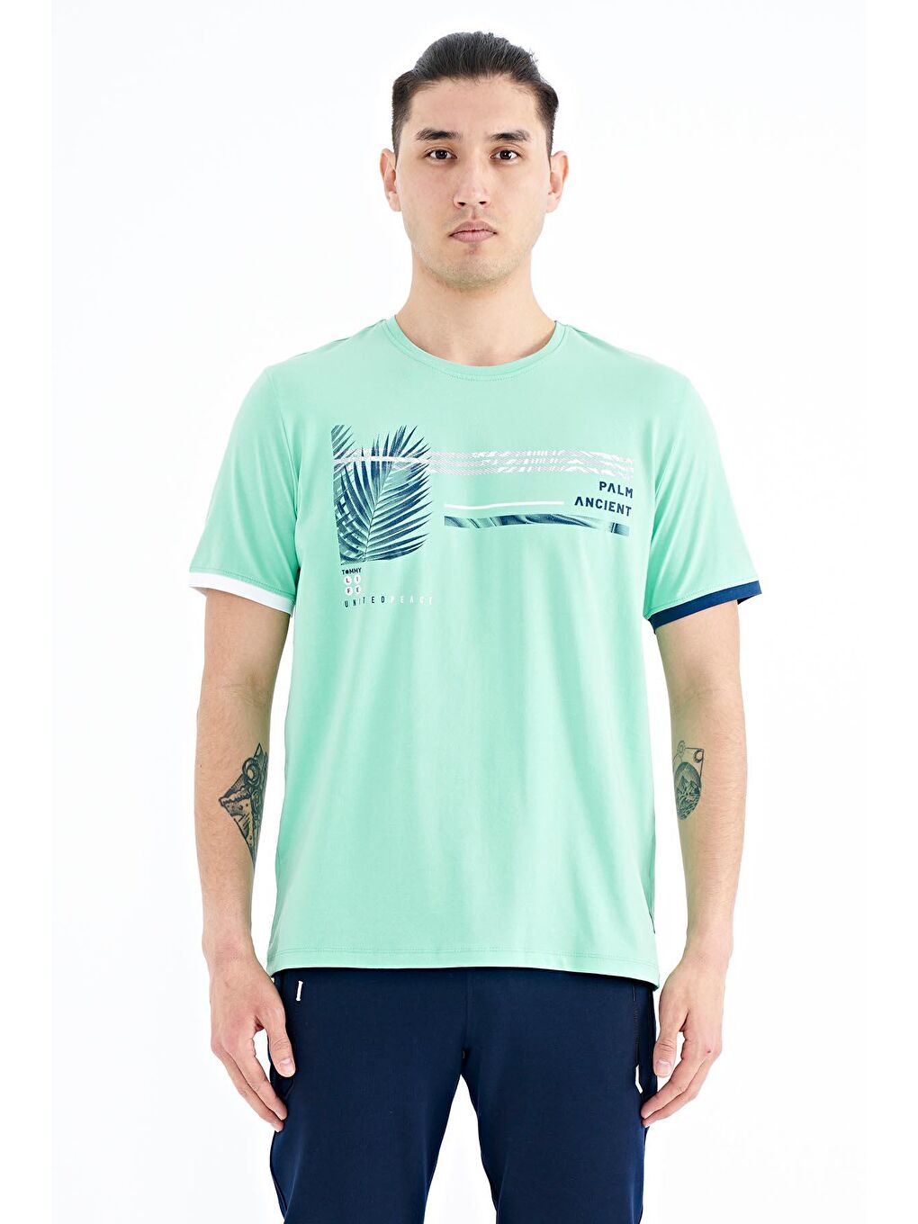 Turkuaz Su Yeşili Yazı Desen Baskılı O Yaka Standart Kalıp Erkek Tişört - 88183