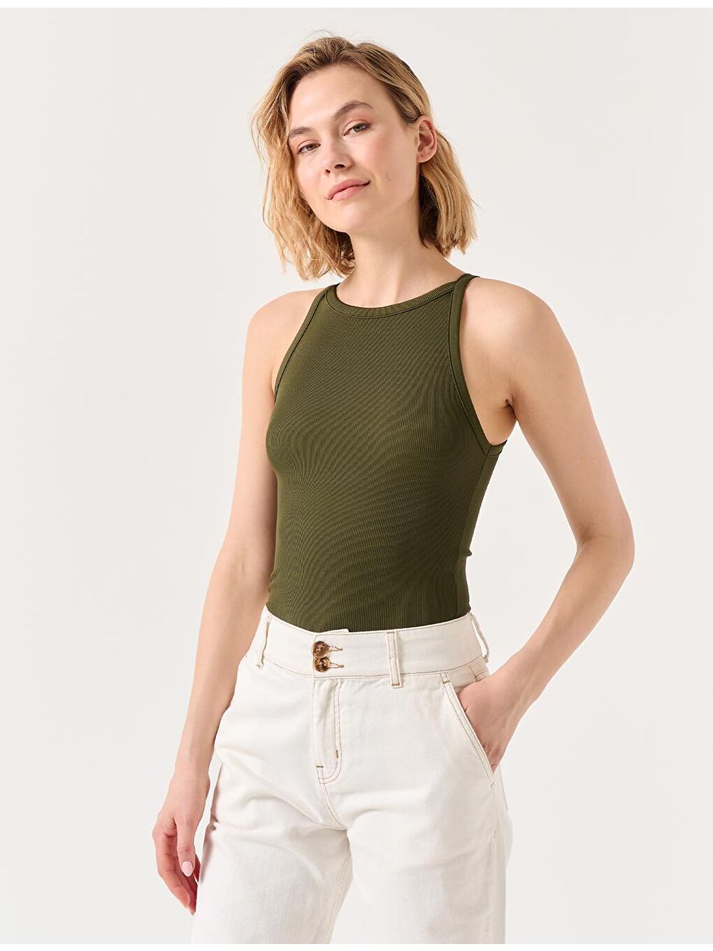 Haki Dar Kesim Kolsuz Halter Yaka Basic Örme Atlet-1