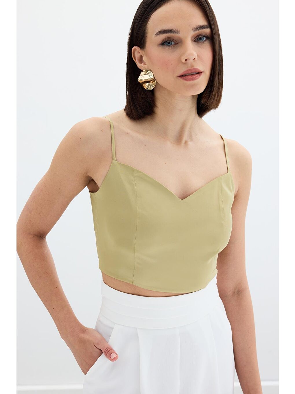 Yeşil İp Askılı Saten Crop Bluz - Olive