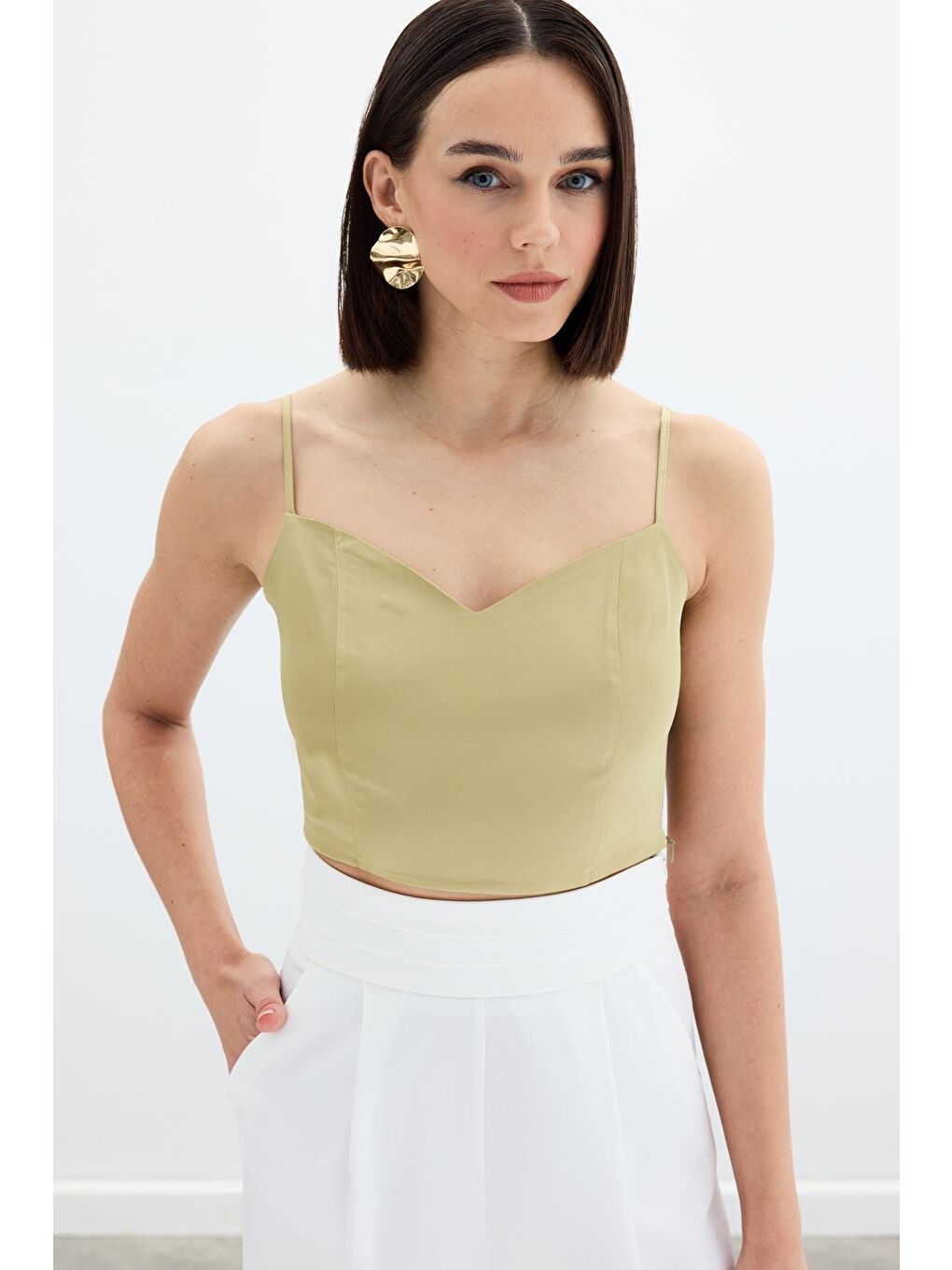 Yeşil İp Askılı Saten Crop Bluz - Olive-1