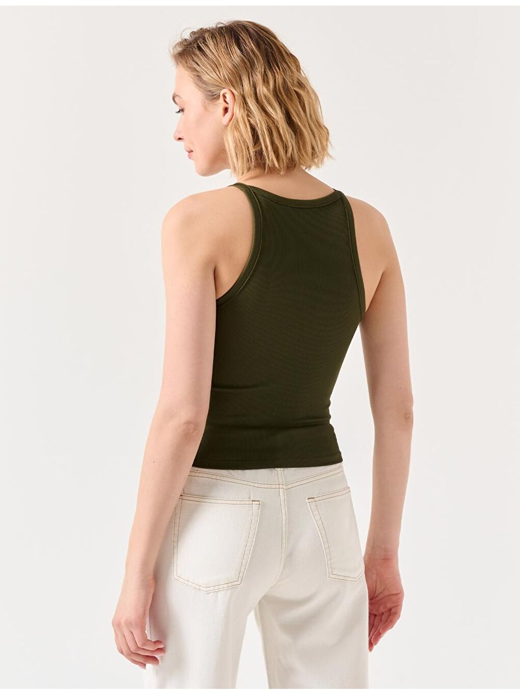 Haki Dar Kesim Kolsuz Halter Yaka Basic Örme Atlet-3