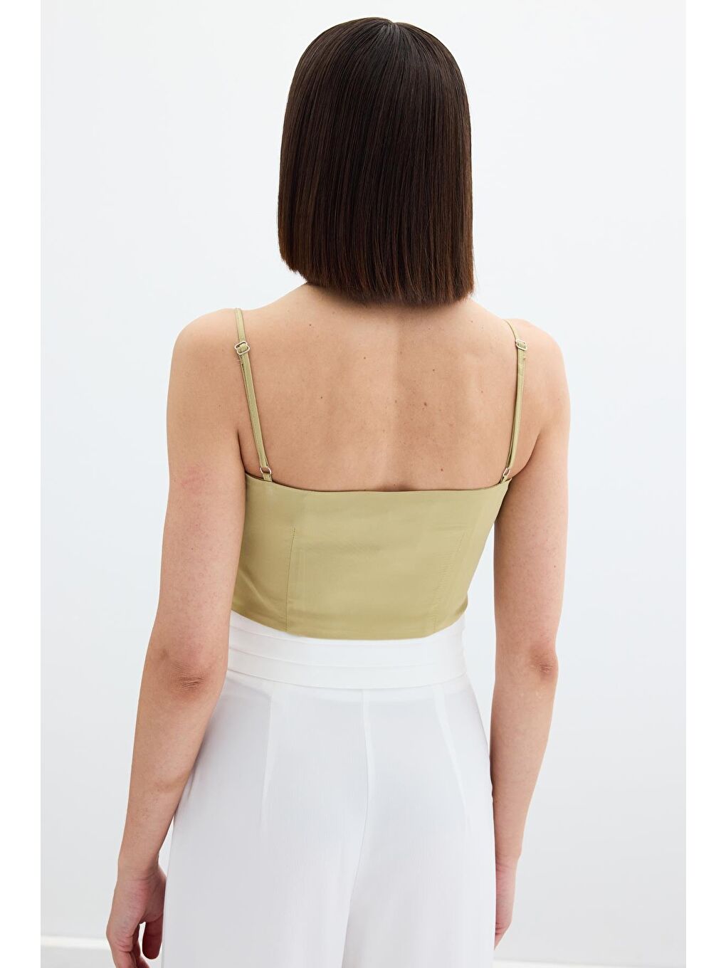 Yeşil İp Askılı Saten Crop Bluz - Olive-3