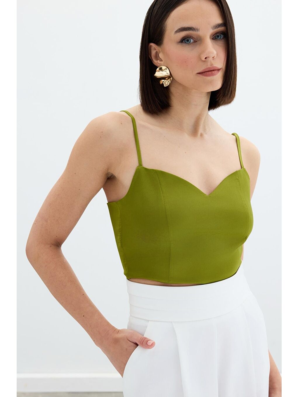 İp Askılı Saten Crop Bluz - Yağ Yeşili