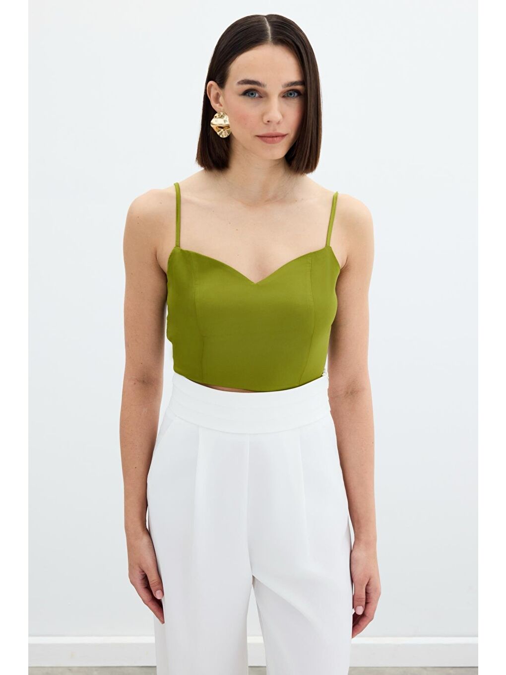 İp Askılı Saten Crop Bluz - Yağ Yeşili-1