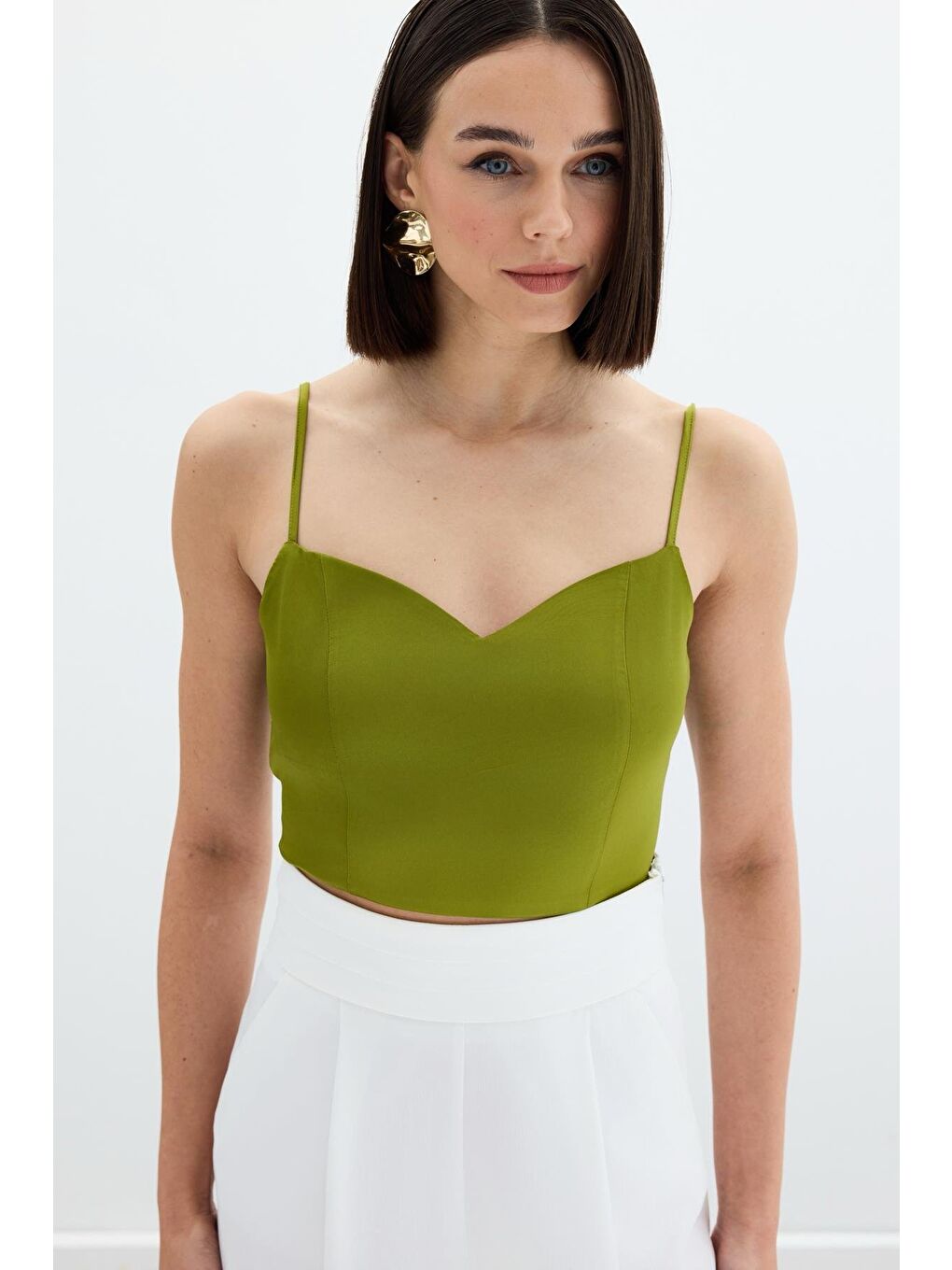 İp Askılı Saten Crop Bluz - Yağ Yeşili-2
