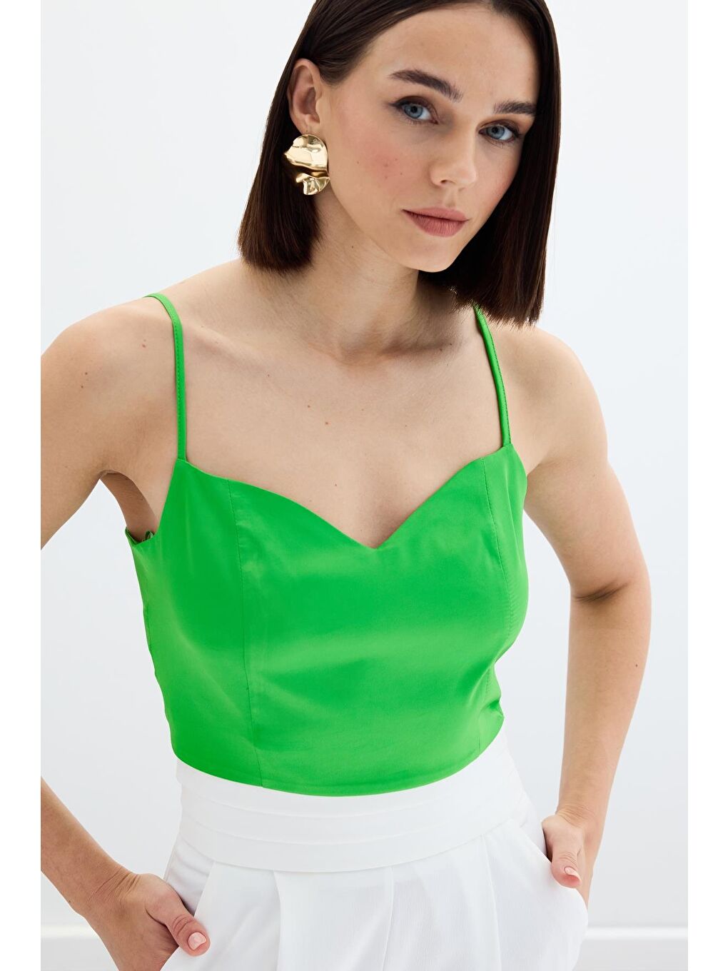 İp Askılı Saten Crop Bluz - Açık Yeşil