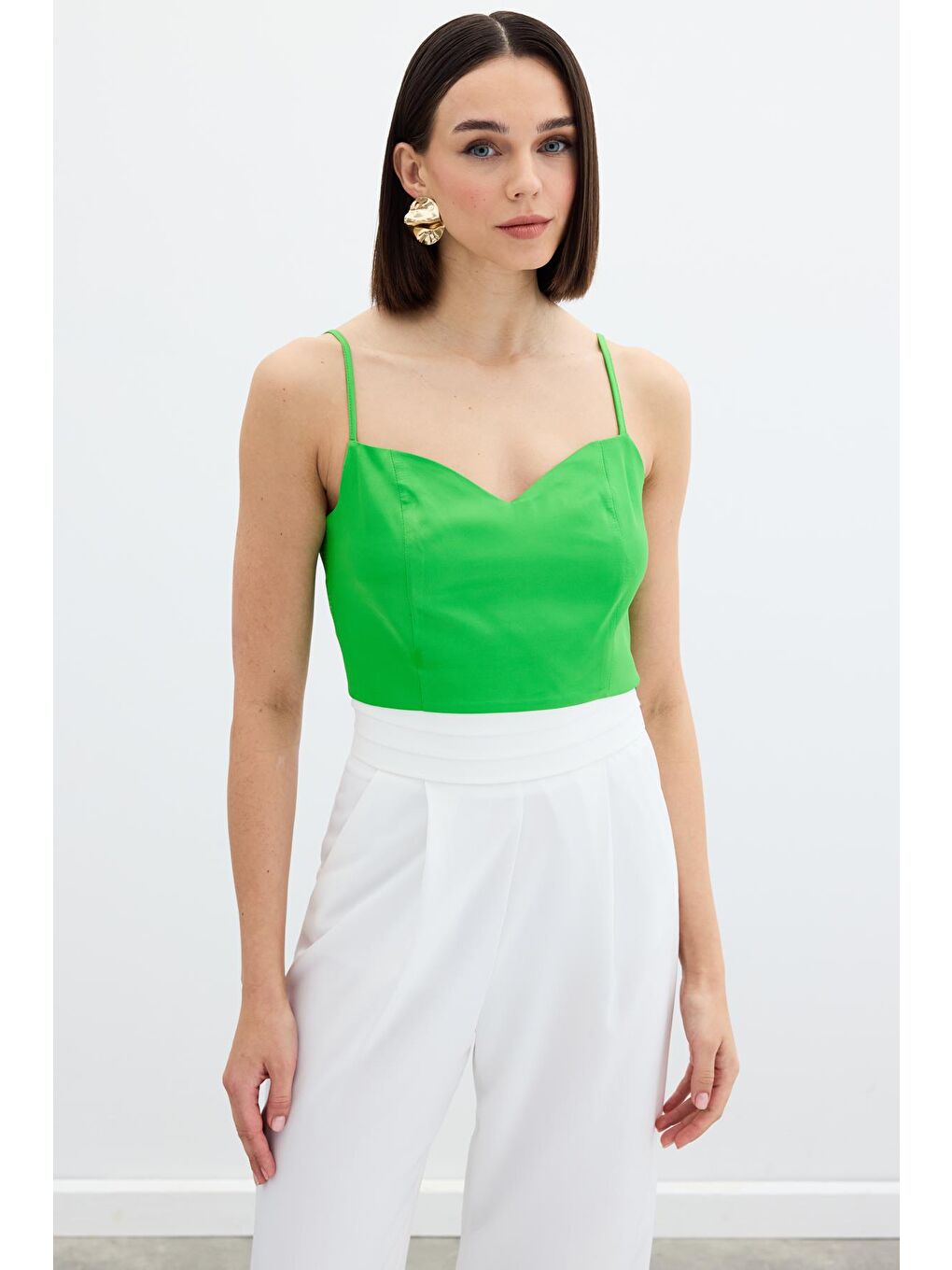 İp Askılı Saten Crop Bluz - Açık Yeşil-1