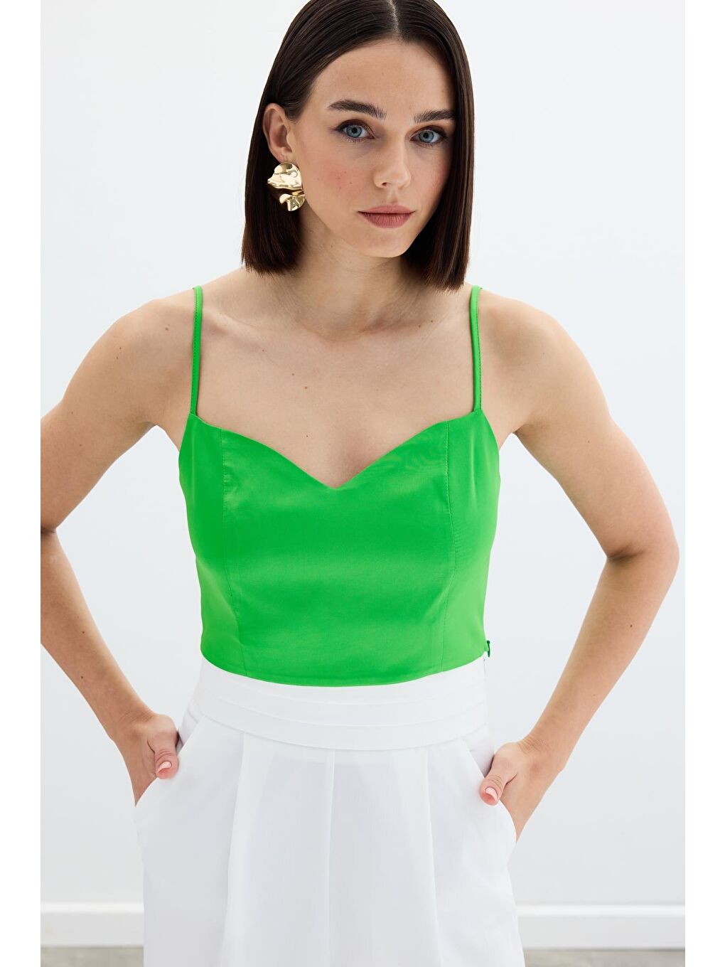 İp Askılı Saten Crop Bluz - Açık Yeşil-2