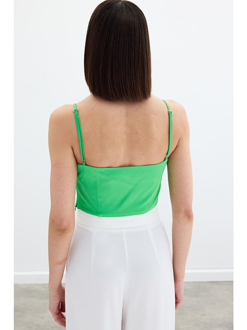 İp Askılı Saten Crop Bluz - Açık Yeşil-4
