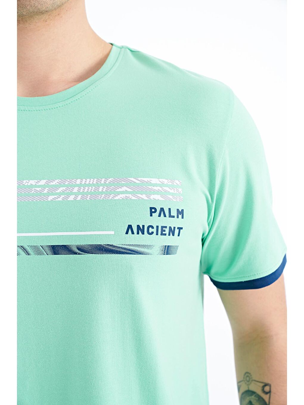Turkuaz Su Yeşili Yazı Desen Baskılı O Yaka Standart Kalıp Erkek Tişört - 88183-3