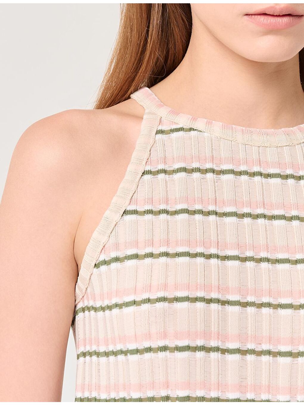 Bej Halter Yaka Kolsuz Çizgili Atlet-1