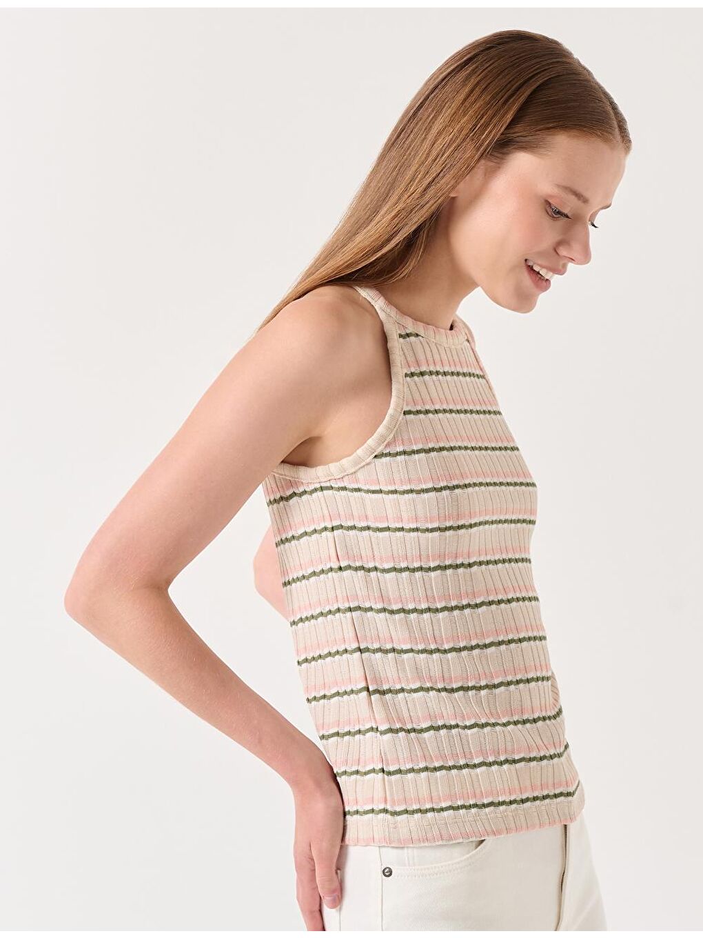 Bej Halter Yaka Kolsuz Çizgili Atlet-2