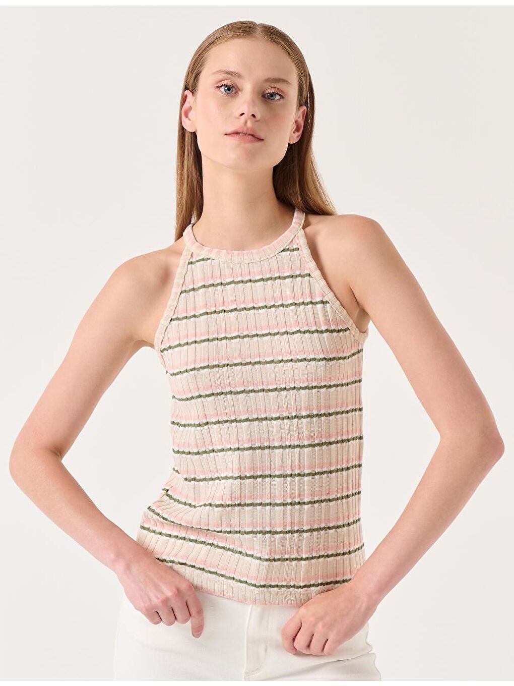 Bej Halter Yaka Kolsuz Çizgili Atlet-3