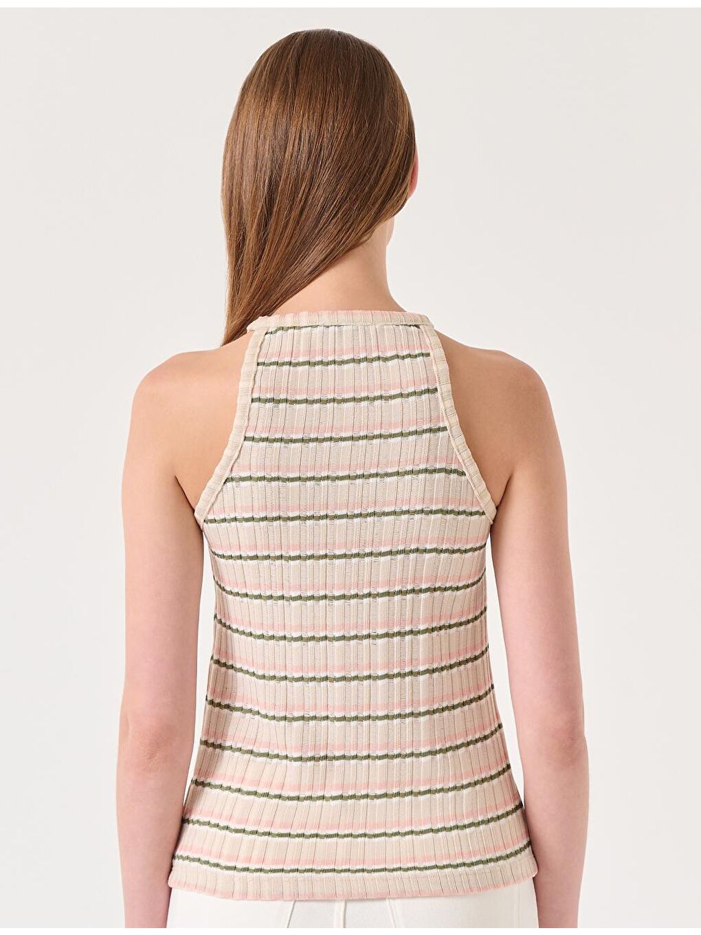 Bej Halter Yaka Kolsuz Çizgili Atlet-4
