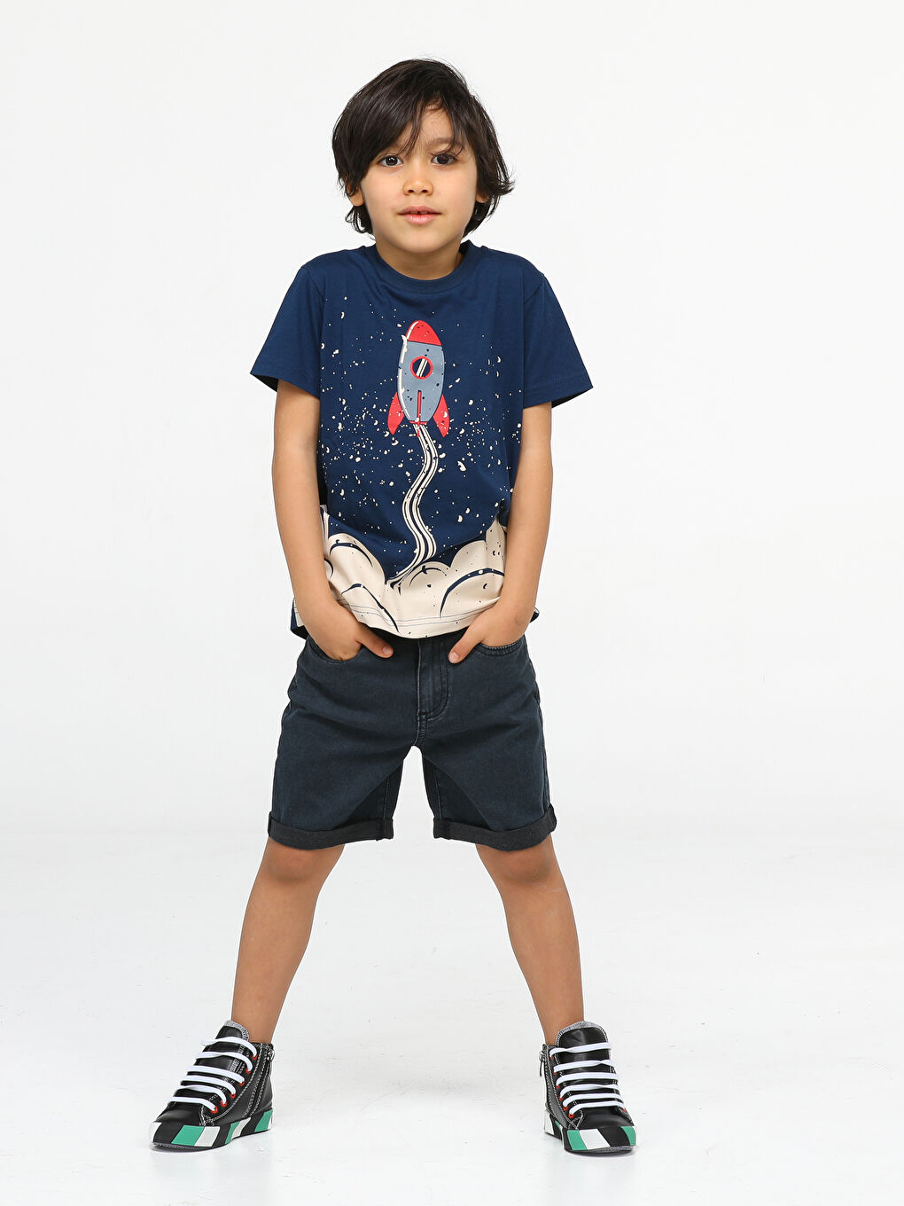 Casabony Gri-Siyah Rocket Denim Şort + T-Shirt Takım