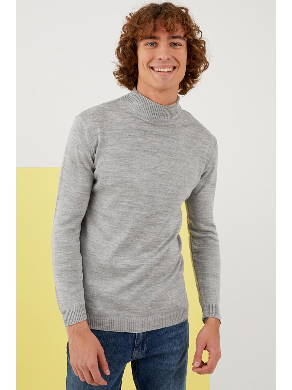 Erkek Gri Yarım Balıkçı Yaka Basic Triko Kazak