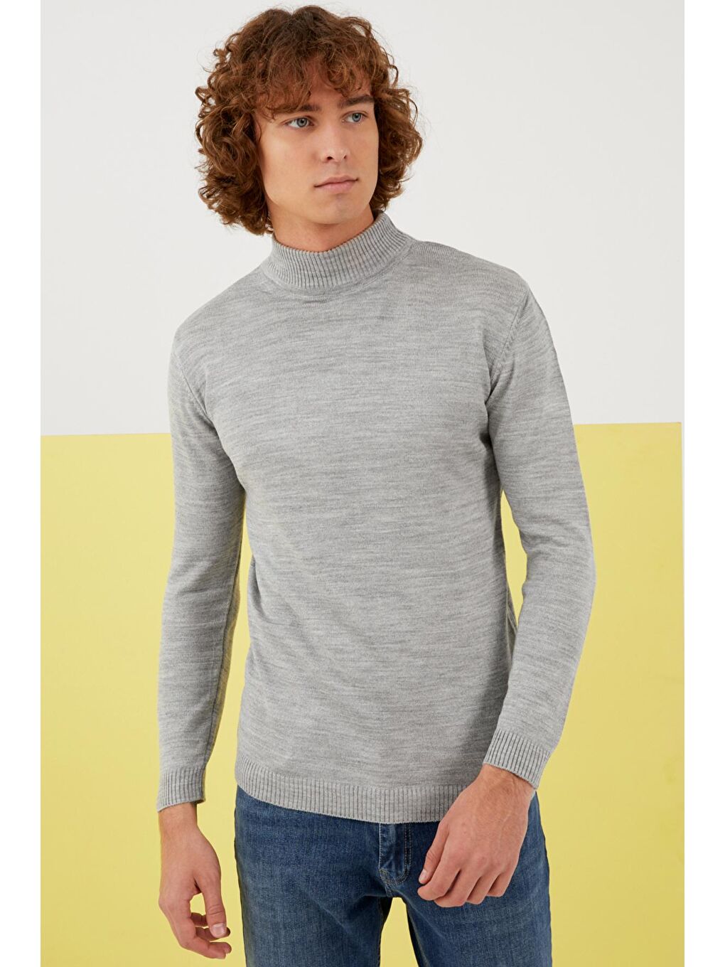 Erkek Gri Yarım Balıkçı Yaka Basic Triko Kazak-1